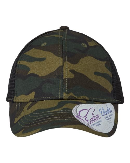 green camouflage with black hat