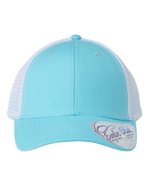 light blue and white hat 