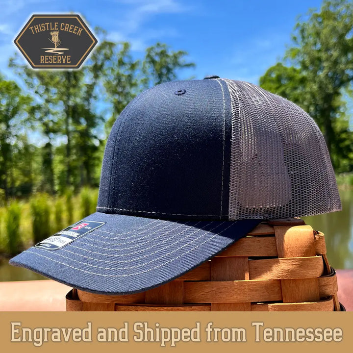 navy blue and grey hat