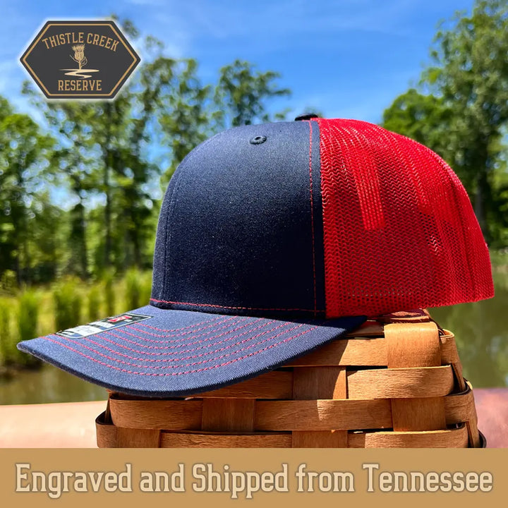 navy blue and red hat 