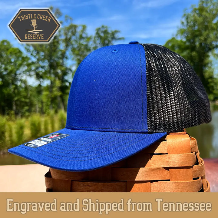 blue and black hat